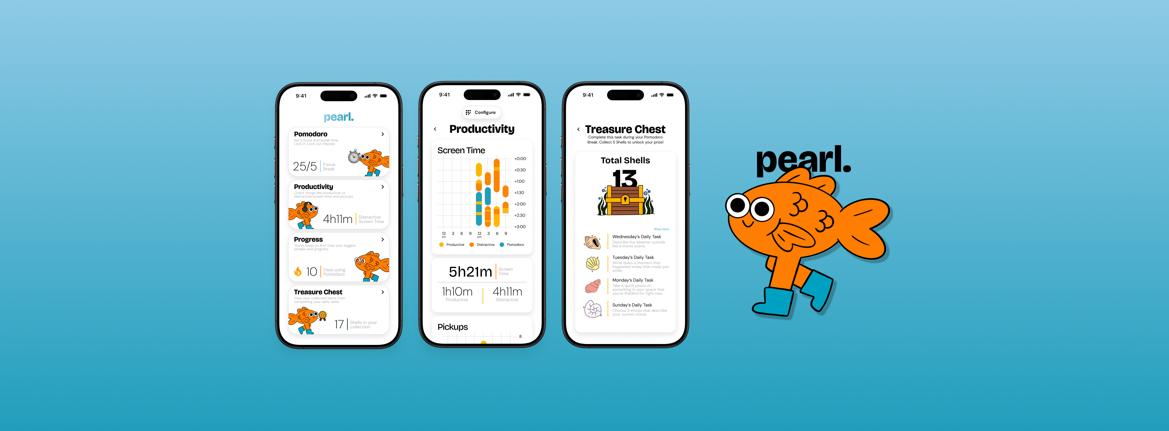 Pearl app screens on a blue background, with the Pearl mascot fish