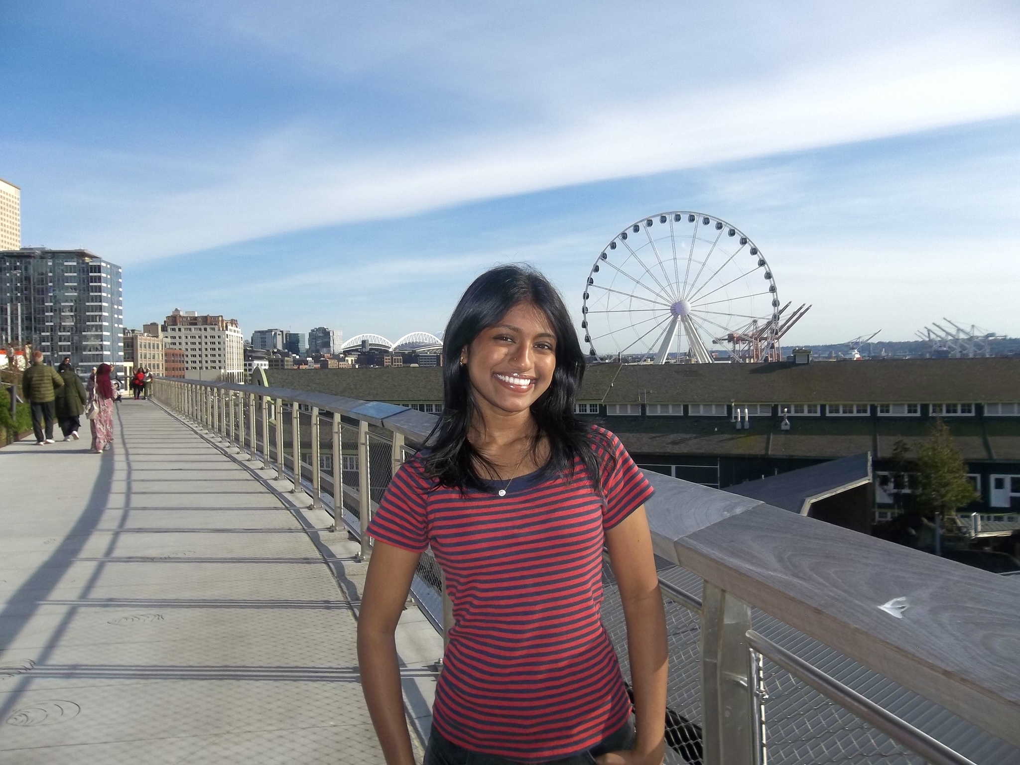 Arti standing on a boardwalk with a Ferris wheel in the background