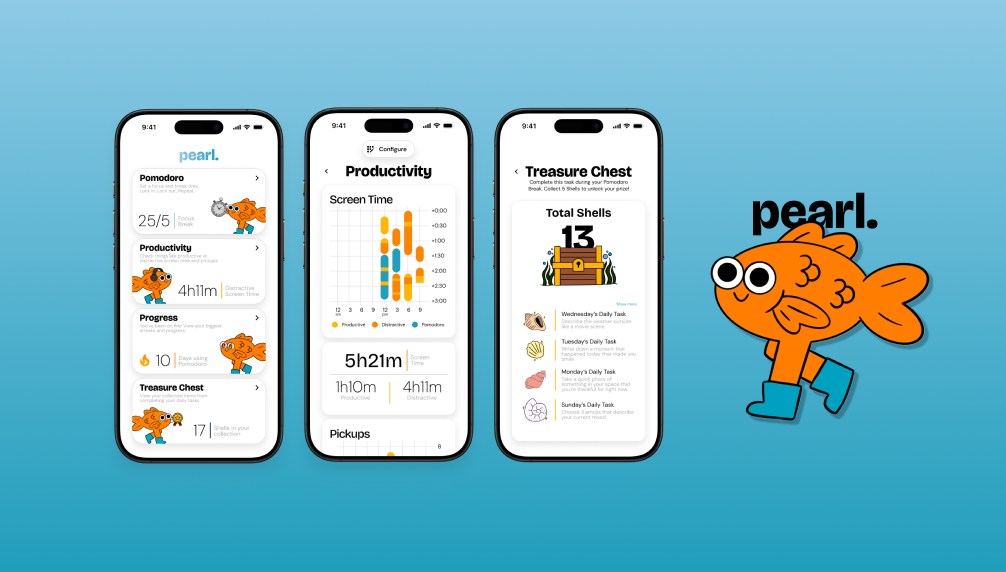 Pearl app screens on a blue background, with the Pearl mascot fish